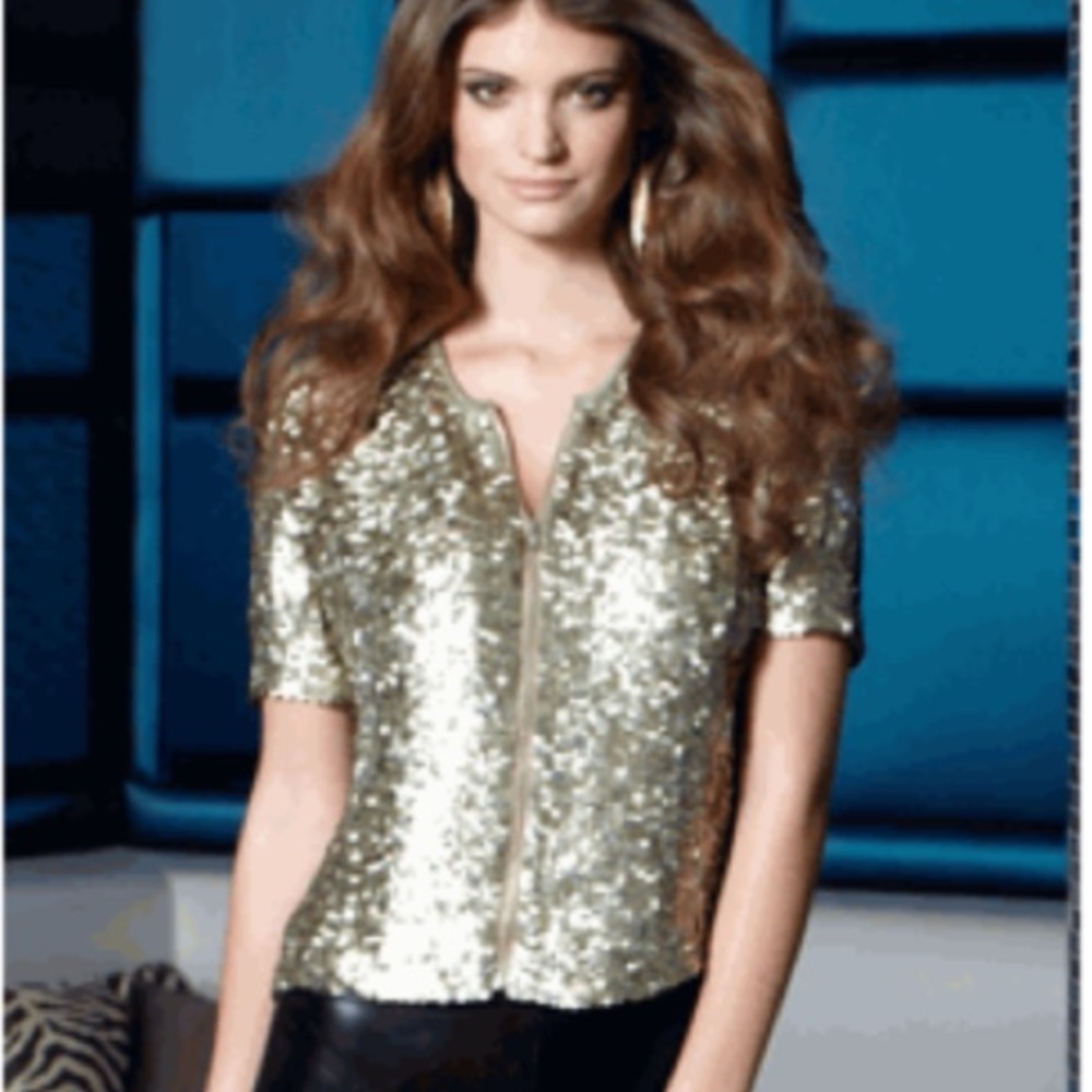 HEIKE sz 8 AS IS Gorgeous olive green zip Opalescent sequin Front zip blouse